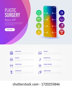 Plastic surgery web page template with copy space. Mobile app on smartphone with thin line icons. Breast enlargement, mastopexy, implant, liposuction, facelift, rhinoplasty. Vector illustration