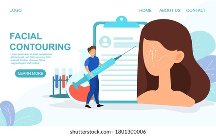 Plantilla de página web de Cirugía Plástica para el contorneado facial que muestra a mujeres jóvenes y cirujanas con ilustración vectorial hipodérmica de color