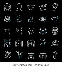 Plastic surgery, white line icons. Restoration and alteration of the human body, cosmetic and reconstructive surgery. Ideal for health and beauty themes. Symbols on black background. Editable stroke.