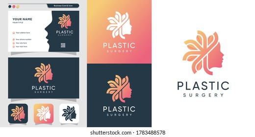Plastic surgery woman logo with gradient style and business card design template, leaf, woman, beauty, face, nature, organic, Premium Design