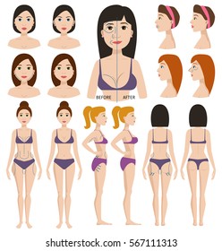 Plastic surgery woman vector illustrations.