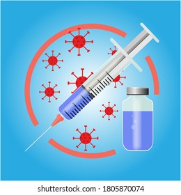  Plastic syringe and ampoule of the medication, protection against viruses and bacteria. You can use it for backgrounds and infographics. Flat Cartoon Modern Vector Illustration.