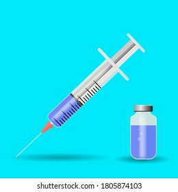 Plastic syringe and ampoule of medication for viruses and bacteria. You can use it for backgrounds and infographics. Space for text. Flat modern vector illustration.