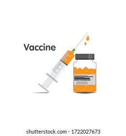 plastic syringe with color vaccine, vial of medicine on write background. Vector illustration.