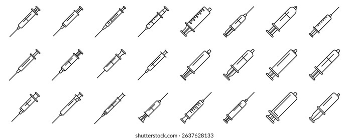 Plastic syringe icons set. Collection of different syringe designs in a minimalist linear format