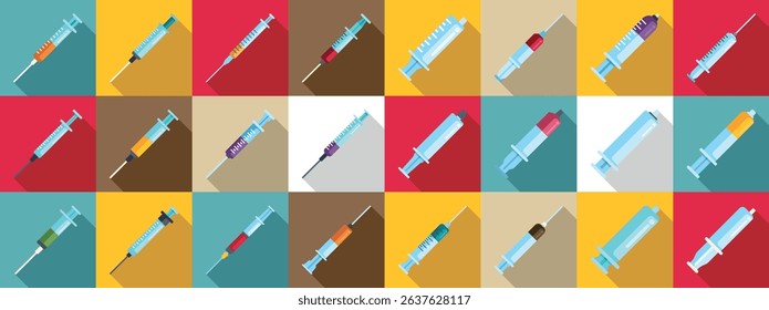 Plastic syringe icons set. Diverse syringes displayed in a vibrant grid pattern