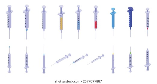 Plastic syringe icons set. Isometric syringes with different colored liquids, ideal for healthcare, medical, or vaccination related designs