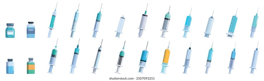 Plastic syringe icons set. Set of medical syringes and flasks for injections with liquid medicine, illustration for vaccination, influenza, healthcare, hospital concepts