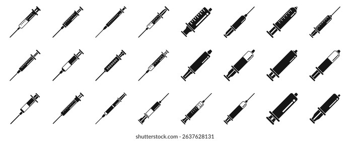Plastic syringe icons set. Various syringe designs displayed in a seamless pattern