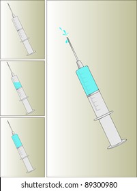 Plastic syringe for injection with versions of its content. Vector illustration.