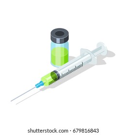 Plastic syringe with vaccine bottle isolated on white background. Isometric vector illustration