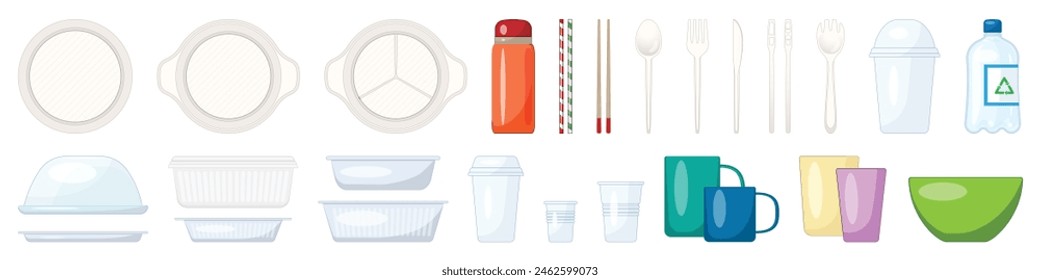 Plastic tableware cartoon vector icons. A collection of disposable dinnerware and utensils. The tableware includes bowls, cups, spoons, forks, and knives. The utensils include a spoon and a fork