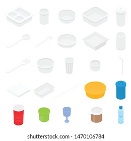 Plastic tableware icons set. Isometric set of plastic tableware vector icons for web design isolated on white background