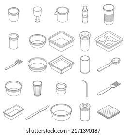 Plastic tableware icons set. Isometric set of plastic tableware vector icons outline isolated on white background