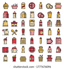 Plastic tableware icons set. Outline set of plastic tableware vector icons thin line color flat on white