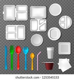 Plastic tableware vector picnic disposable cutlery spoon fork plate takeaway food containers and drinks in cup illustration set of empty kitchenware or dinnerware isolated on transparent background