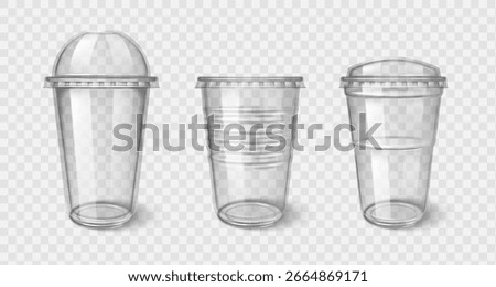 Plastic takeaway cups with transparent lid - clear disposable coffee, tea or cocktail containers. Beverage vessels with dome and flat covers for hot or cold drinks. Realistic takeaway glasses mockups