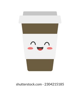 Plastic takeaway Kawaii coffee cup. Vector illustration in flat style. Isolated on white background.