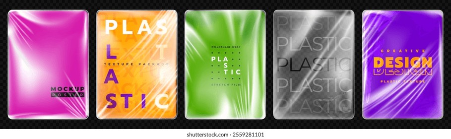 Plastic texture package. Transparent vinyl bag. Polythene wrapper. Clear pouch. Cellophane wrap with wrinkle. Stretch film. Crumpled polyethylene material. Mockup poster. Vector 3D backgrounds set