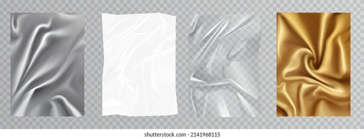 Plastic texture, silver gold foil and silk fabric cloth vector illustration set. 3d realistic crumpled package, golden luxury wrapper, polyethylene shiny silky material on transparent background