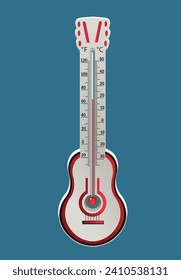 Termómetro de plástico (Celsius y Fahrenheit) sobre fondo azul. Ilustración del vector