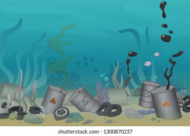 Plastic, tires and poisonous barrel pollution illustration trash under the sea vector illustration. Sea and ocean ecology pollution concept.