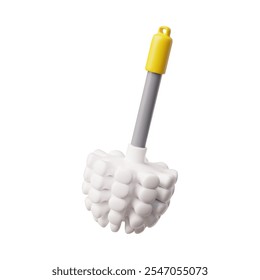 Plastic toilet brush with gray handle, yellow tip, white bristles. 3d icon. For cleaning home, office. Toilet washing equipment. Hygiene in the bathroom. Vector illustration on white background.