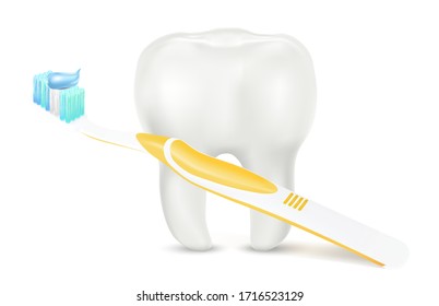 Pincel de dientes de plástico y dientes blancos aislados en fondo blanco. Ilustración vectorial 3d realista.