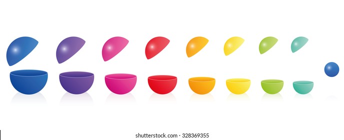 Plastic Toy Balls - Empty Hollow Open Fillable Colorful - Forming A Rainbow Colored Line Like The Russian Doll Nesting Game Matryoshka. Three-dimensional Illustration Over White Background.