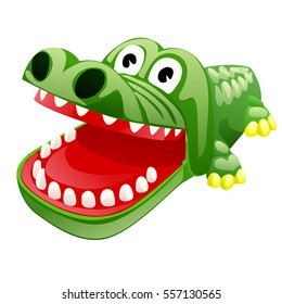 Plastic toy in the form of a green crocodile isolated on a white background. Vector illustration.