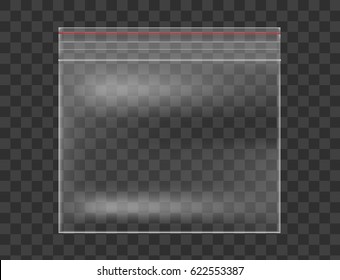 Plastic Transparent bag isolated on checkered background. Realistic vector mockup.
