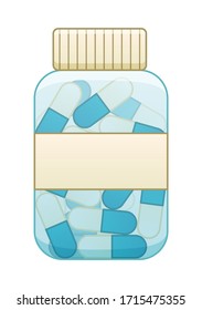 Plastic transparent bottle with oval capsule pills isolated illustration. White background, vector.