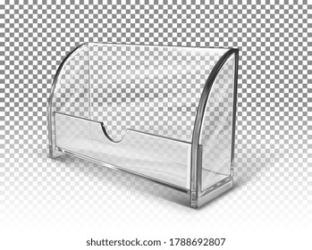 Plastic transparent business card holder, stand for advertising, booklets. Vector 3d realistic illustration.