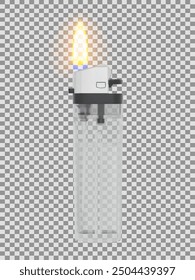 Plastic transparent classic lighter with lit flame. Vector illustration on checkered background