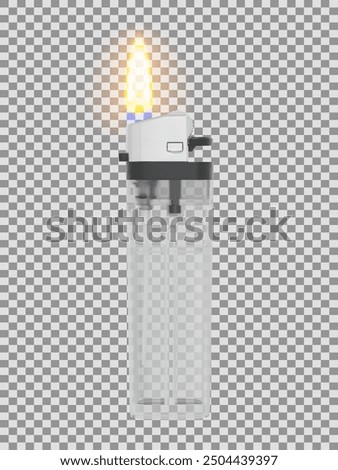 Plastic transparent classic lighter with lit flame. Vector illustration on checkered background
