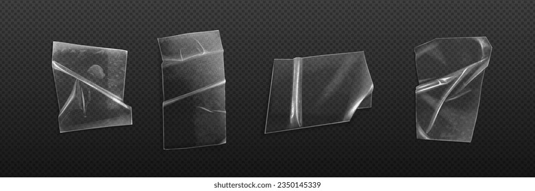 Plastic transparent clear wide duct tape sticker label. Adhesive realistic paper texture 3d vector mockup. Sticky glue overlay piece mock up template set. Old scotch with air bubble and wrinkle icon