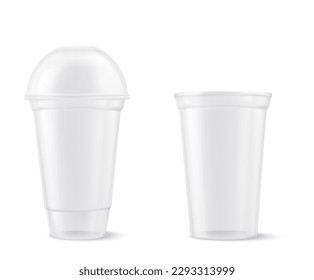 Plastic transparent cup with lid isolated on white. Vector illustration