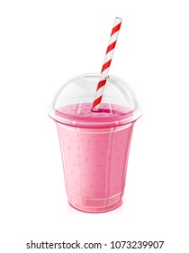 Plastic transparent cup with striped pipe. Fresh pink strawberry smoothie. Mug of fruity organic shake. Fruit cocktail. Vegetarian Healthy food. Natural Product. Isolated. EPS10 vector illustration.