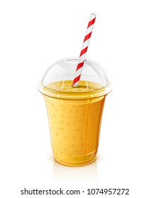 Plastiktasse mit gestreiftem Rohr. Frisch gelber Orangenglätter. Umarmung von fruchtigem organischem Schütteln. Fruchtcocktail. Vegetarisches Gesundes Essen. Naturprodukt. Einzeln. EPS10 Vektorgrafik.
