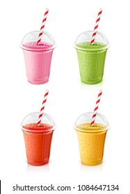 Plastic transparent cups for smoothie with striped pipe. Fresh mint, strawberry, tomato, orange smoothies. Mug of fruity organic shake. Fruit cocktail. Vegetarian Healthy food. Vector illustration.