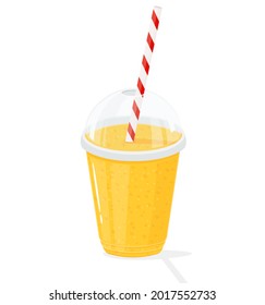 Plastic transparent cups for smoothie with striped pipe. Fresh lemonade, orange juice or smoothie in a plastic cup, vector flat cartoon style