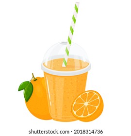 Plastic transparent cups for smoothie with striped pipe. Orange juice smoothie in plastic glass isolated on white background. Flat cartoon style