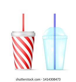 Plastic transparent disposable cup with blue straw for cocktail and red disposable container for ice drink. Vector illustration isolated on white background