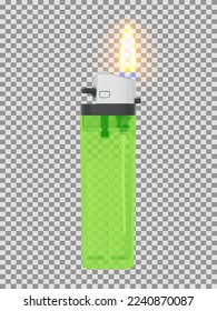 Plastic transparent lighter with lit flame. Vector Illustration