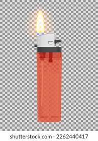 Plastic transparent lighter with lit flame. 3D Illustration
