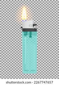 Plastic transparent lighter with lit flame. 3D Illustration