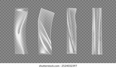 Tira transparente de plástico o cinta adhesiva. Vector aislado conjunto de material translúcido para artesanías. Rayas con textura pegada y arrugada, superficie arrugada de piezas dobladas y dobladas o envolturas