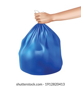 Plastic trash bag in hand realistic composition with isolated image of human hand holding rubbish bag vector illustration