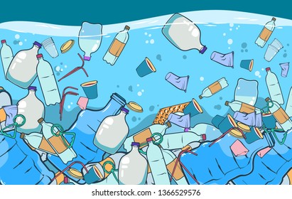 Plastic trash in the big ocean, underwater inhabitants, vector hand drawn cartoon illustration
