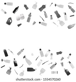 Plastic trash borders isolated on  background. Black and white various garbage with copy space. Vector flat pattern.